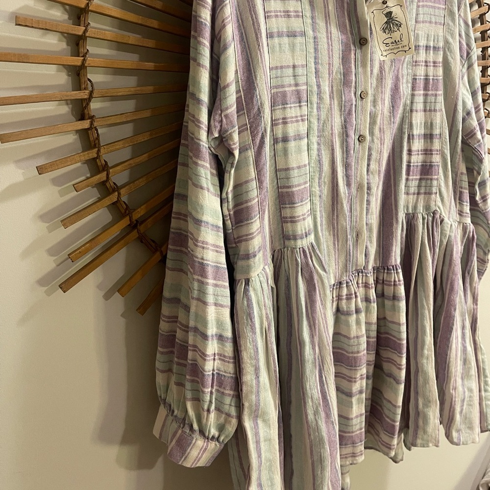 Easel Long Sleeve Linen Blend Purple White Button Up Tunic Dress Boho Beach - Picture 6 of 16